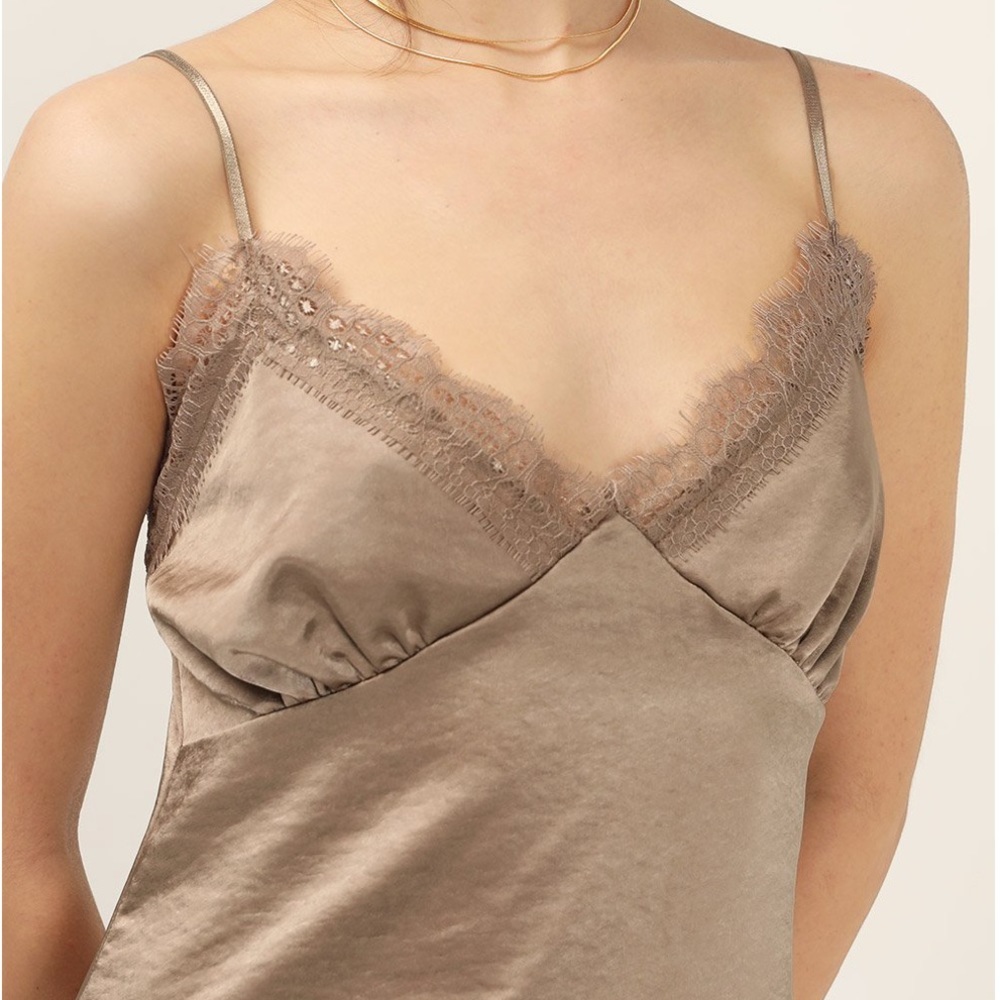 storets Satin Slip Mini Dress in Taupe/Brown silky quite luxury boho festival - Picture 6 of 11